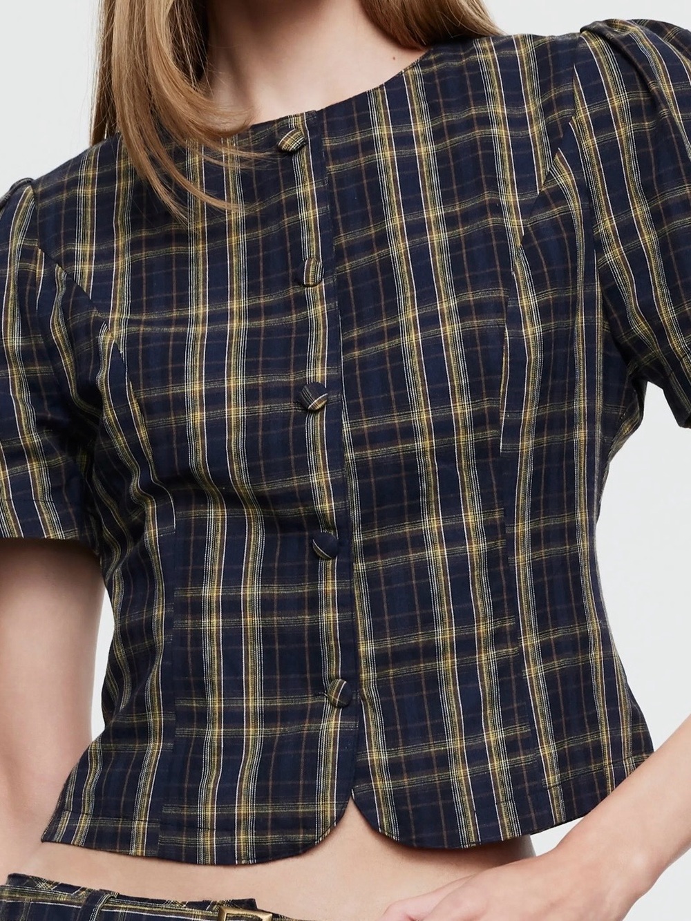 Lioness Navy and Yellow Plaid Short Sleeve Blazer - Picture 2 of 8